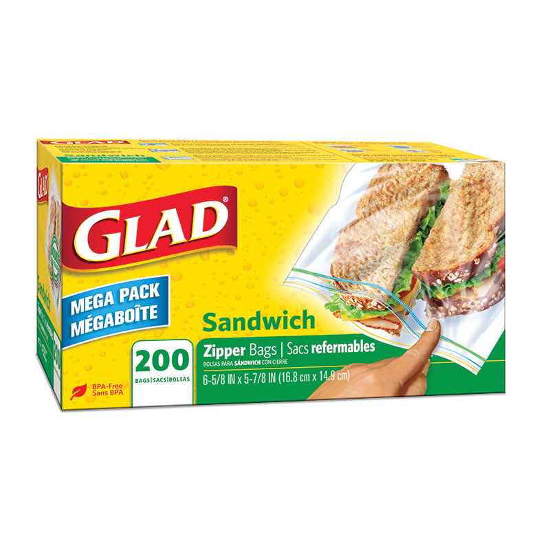 GLAD Zipper Food Storage Sandwich Bags, On-the-Go Snack and Lunch Bags,  Zipper Sandwich Sealer, Microwave Safe, BPA Free, 100 Count (Pack of 6)