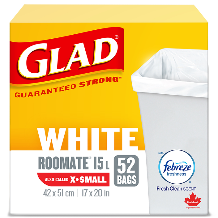 Glad® White Garbage Bags, X-Small 15 Litres, Febreze Fresh Clean Scent, 52 trash  bags, Glad Canada