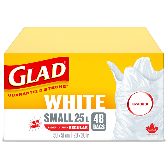 Petits sacs à ordures blancs non parfumés de Glad, boîte de 48 sacs à ordures de 25 L