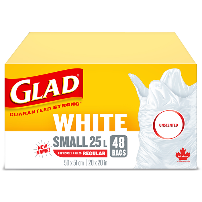 Glad® White Garbage Bags, Small, 25 Litres, Unscented, 48 trash