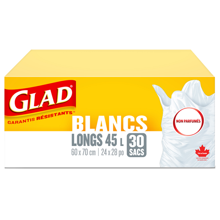 Sacs à ordures blancs longs non parfumés de Glad, boîte de 30 sacs à ordures de 45 L