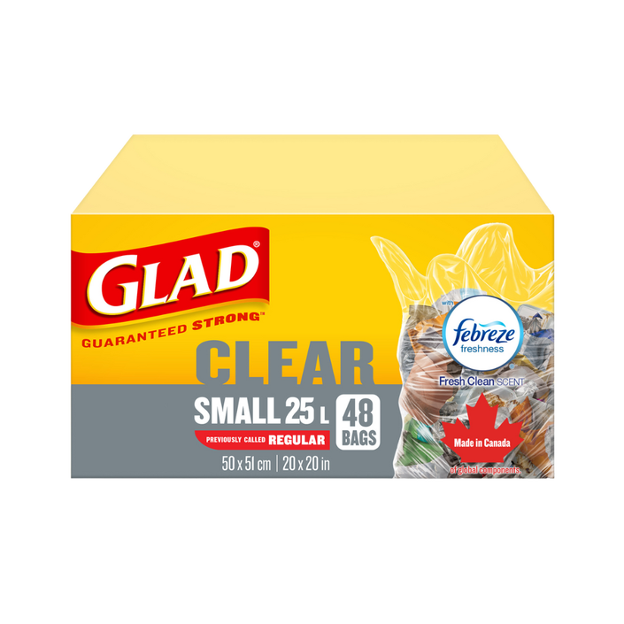 Glad® Clear Garbage Bags, Small 25 Litres, Febreze Fresh Clean Scent, 48 Trash Bags