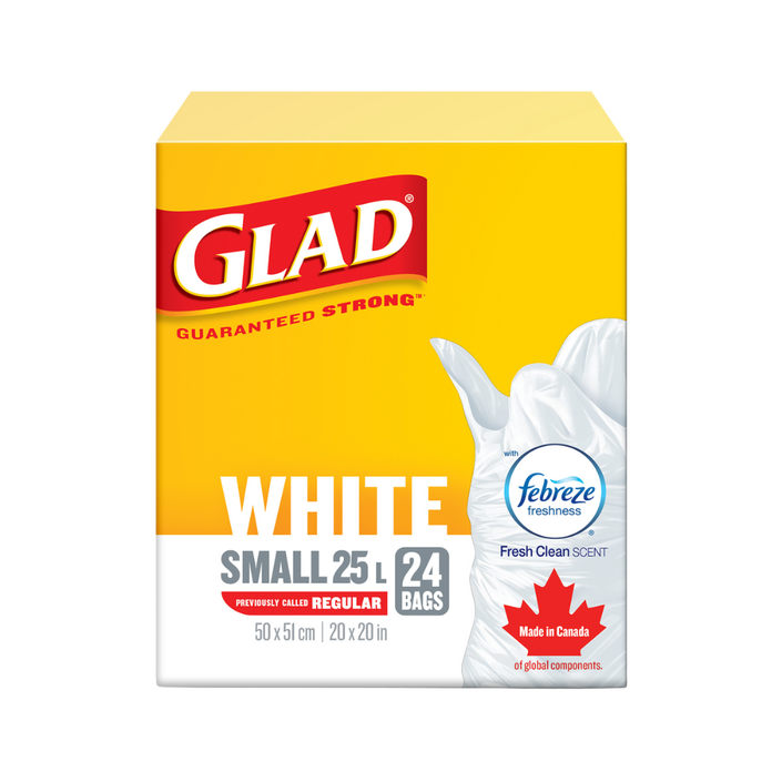 Glad® White Garbage Bags, Small, 25 Litres, Febreze Fresh Clean Scent, 24 trash bags
