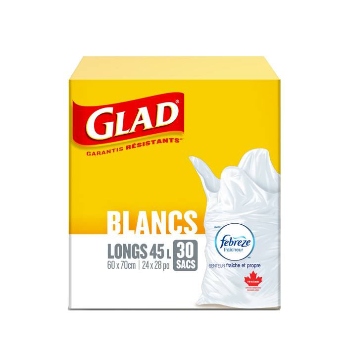 Sacs à ordures blancs longs de Glad® avec senteur fraîche et propre de Febreze fraîcheur, boîte de 30 sacs à ordures de 45 L