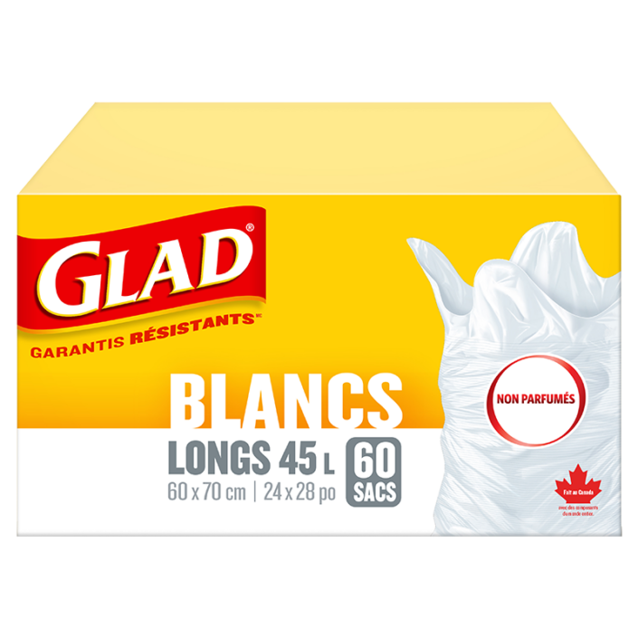 Sacs à ordures blancs longs non parfumés de Glad, boîte de 60 sacs à ordures de 45 L