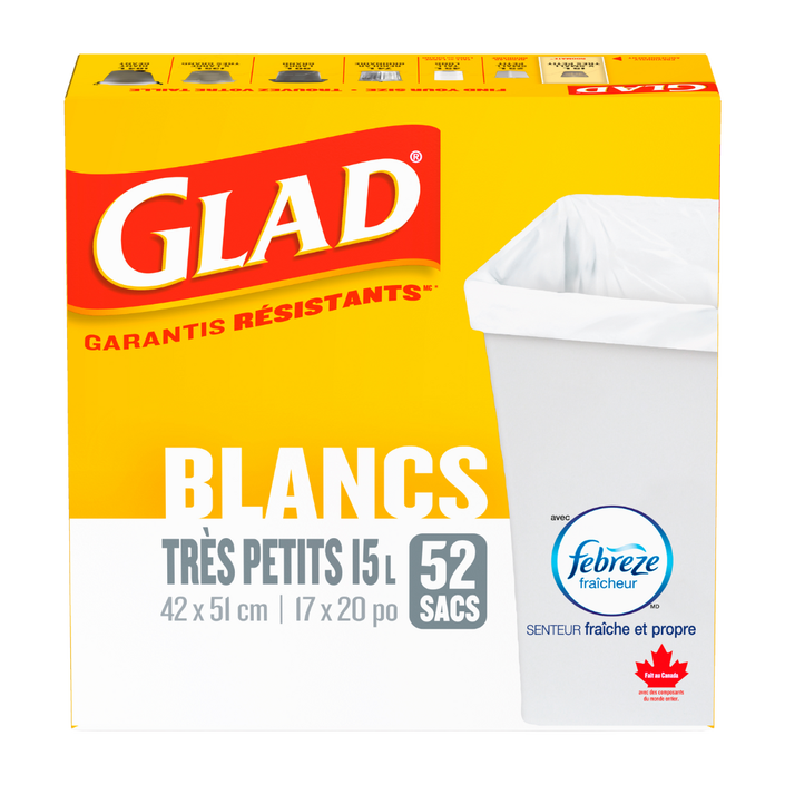 Très petits sacs à ordures blancs  de Glad® avec senteur fraîche et propre de Febreze fraîcheur, boîte de 52 sacs à ordures de 15 L