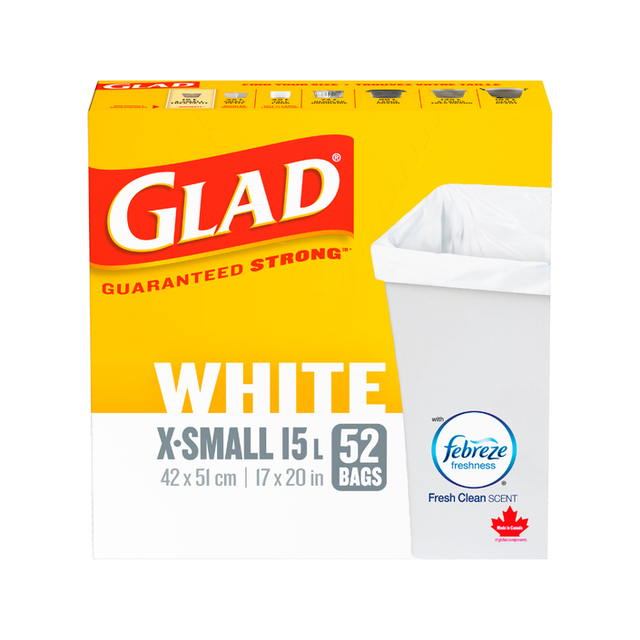 Glad® White Garbage Bags, X-Small 15 Litres, Febreze Fresh Clean Scent, 52 trash bags
