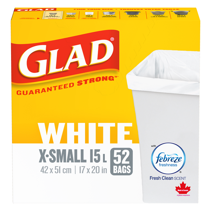 Glad® White Garbage Bags, X-Small 15 Litres, Febreze Fresh Clean Scent, 52 trash bags