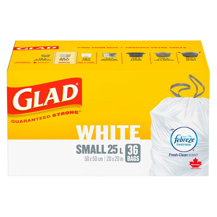 Glad® White Garbage Bags, Small, 25 Litres, Febreze Fresh Clean Scent, 36 trash bags