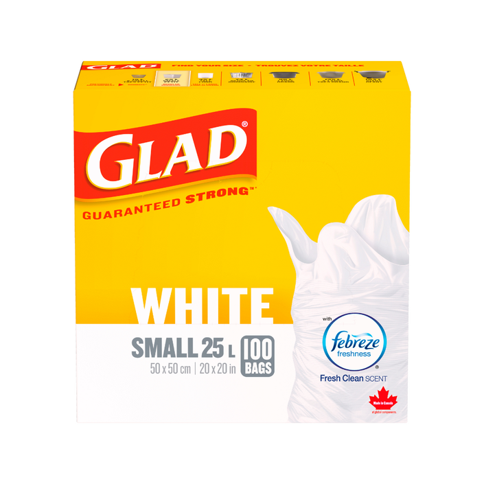 Glad® White Garbage Bags, Small, 25 Litres, Febreze Fresh Clean Scent, 100 trash bags