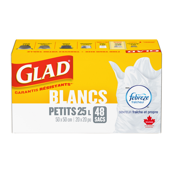 Petits sacs à ordures blancs de Glad® avec senteur fraîche et propre de Febreze fraîcheur, boîte de 48 sacs à ordures de 25 L