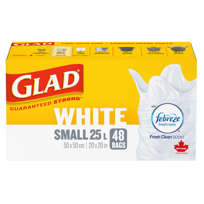 Glad® White Garbage Bags, Small, 25 Litres, Febreze Fresh Clean Scent, 48 trash bags