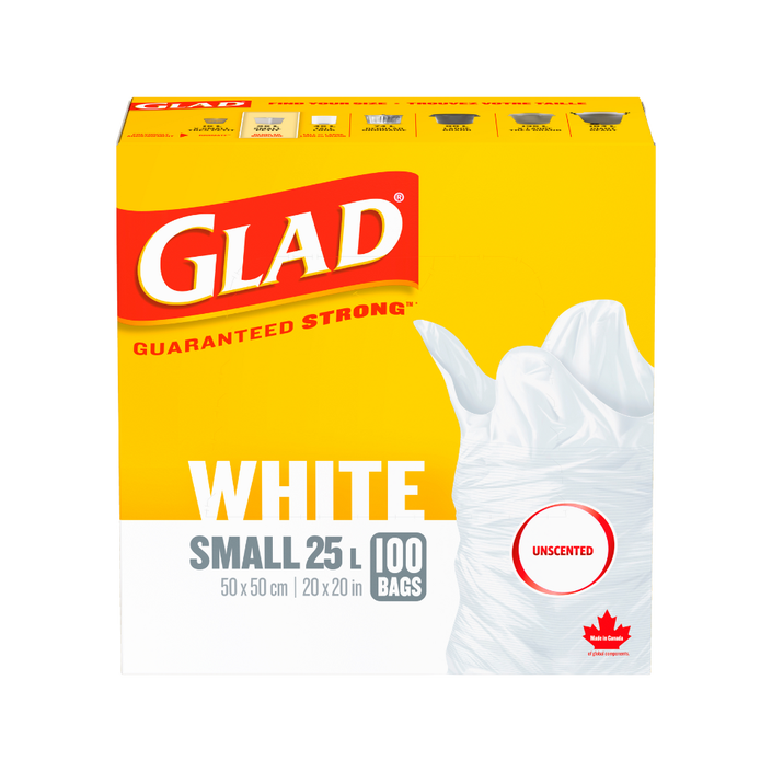 Glad® White Garbage Bags, Small 25 Litres, Unscented, 100 trash bags