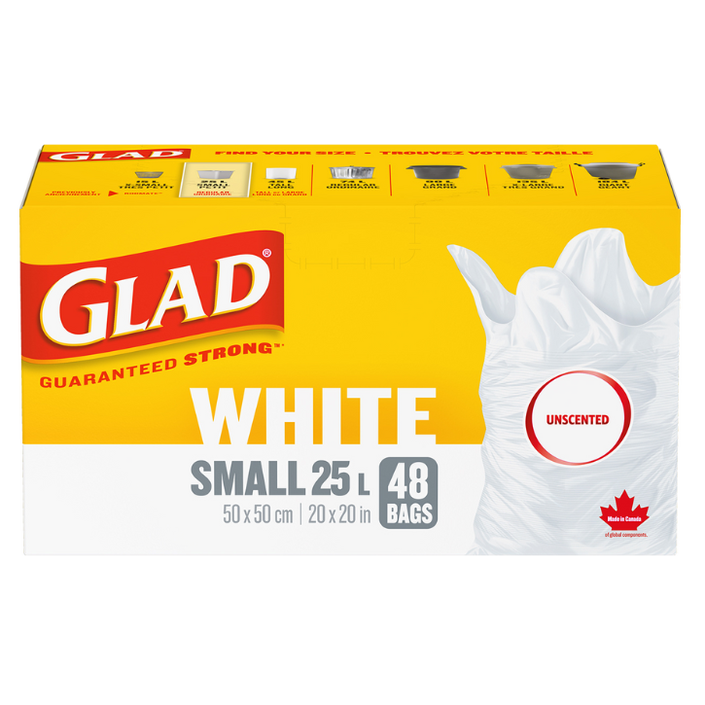 Glad® White Garbage Bags, Small, 25 Litres, Unscented, 48 trash bags