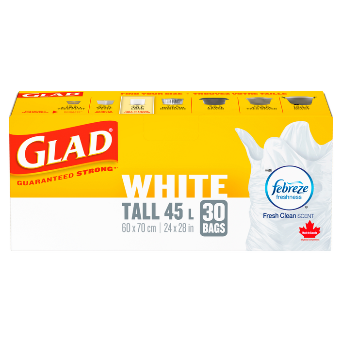 Glad® White Garbage Bags, Tall, 45 Litres, Febreze Fresh Clean Scent, 30 trash bags