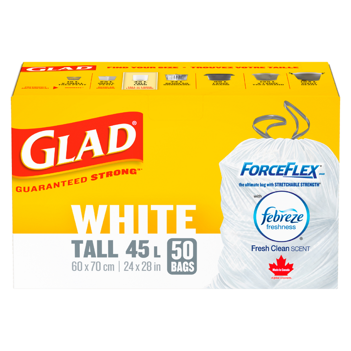 Glad® White Garbage Bags, Tall, 45 Litres, ForceFlex, Drawstring with Febreze Fresh Clean Scent, 50 trash bags
