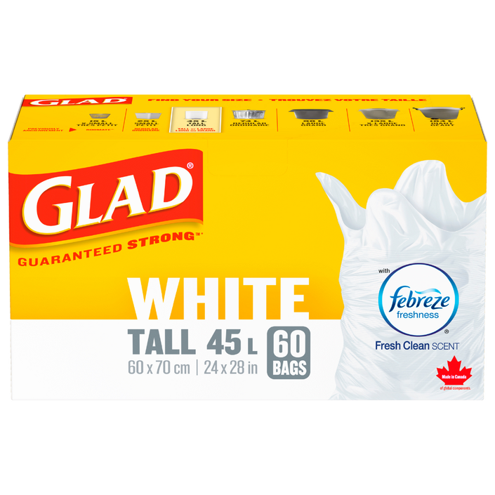 Glad® White Garbage Bags, Tall, 45 Litres, Febreze Fresh Clean Scent, 60 trash bags