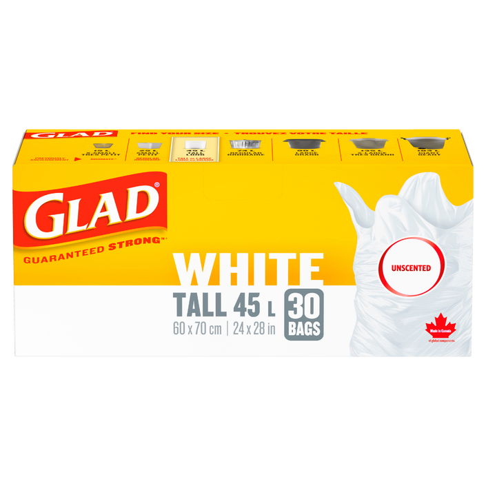Glad® White Garbage Bags, Tall, 45 Litres, Unscented, 30 trash bags