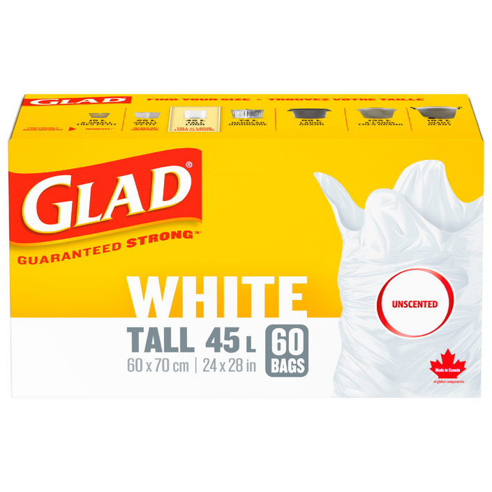Glad® White Garbage Bags, Tall 45 Litres, Unscented, 60 trash bags