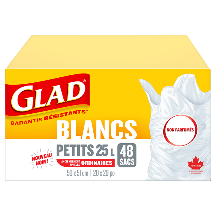 Petits sacs à ordures blancs non parfumés de Glad, boîte de 48 sacs à ordures de 25 L