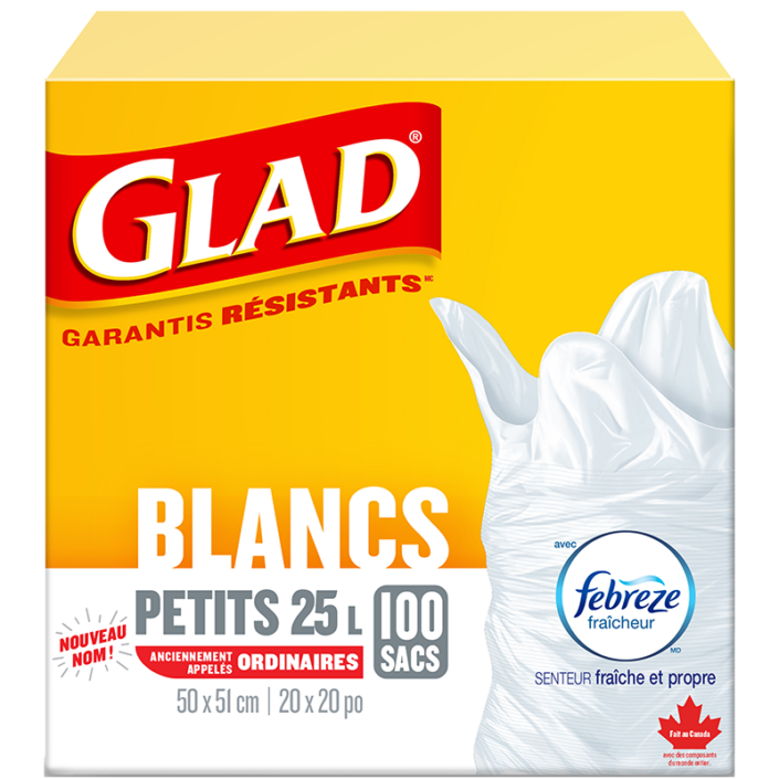 Petits sacs à ordures blancs de Glad avec senteur fraîche et propre de Febreze fraîcheur, boîte de 100 sacs à ordures de 25 L