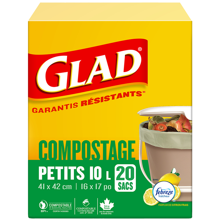 Petits sacs 100 % compostables de Glad au parfum de citron frais, boîte de  20 petits sacs de 10 L, Glad Canada