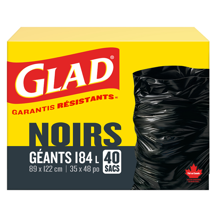 Sacs à ordures noirs géants de Glad, boîte de 40 sacs à ordures de 184 L