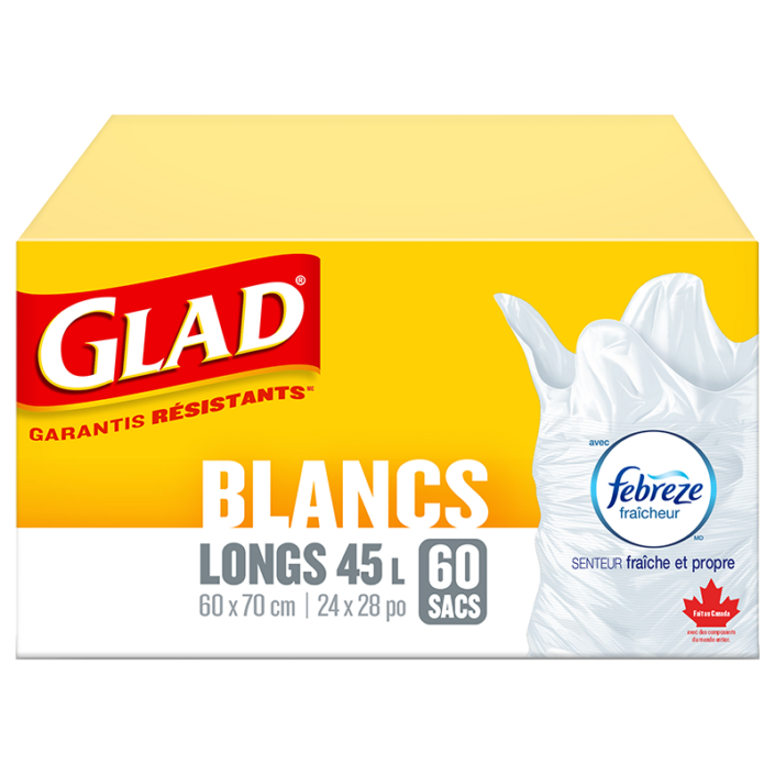 Sacs à ordures blancs longs de Glad avec senteur fraîche et propre de Febreze fraîcheur, boîte de 60 sacs à ordures de 45 L