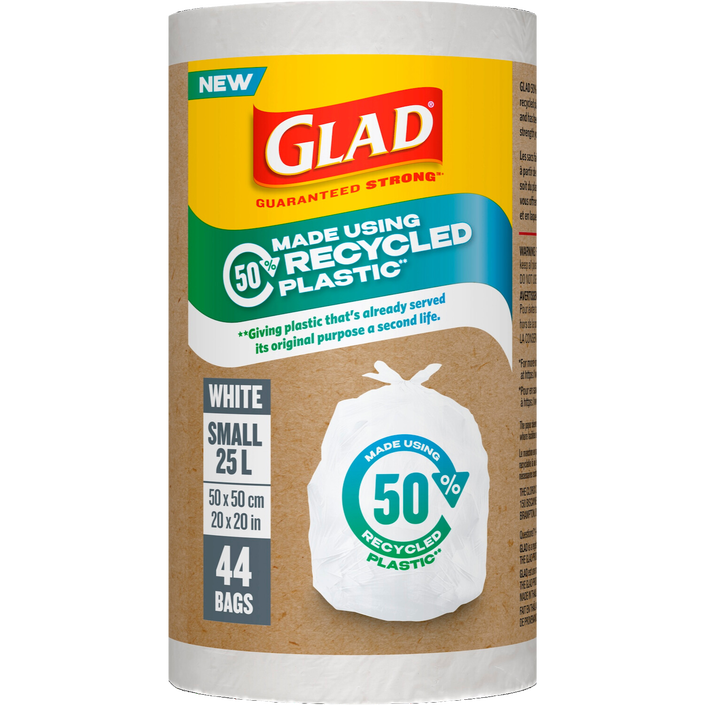 Glad® White Garbage Bags, made using 50% Recycled Plastic, Small 25 Litres, 44 Trash Bags