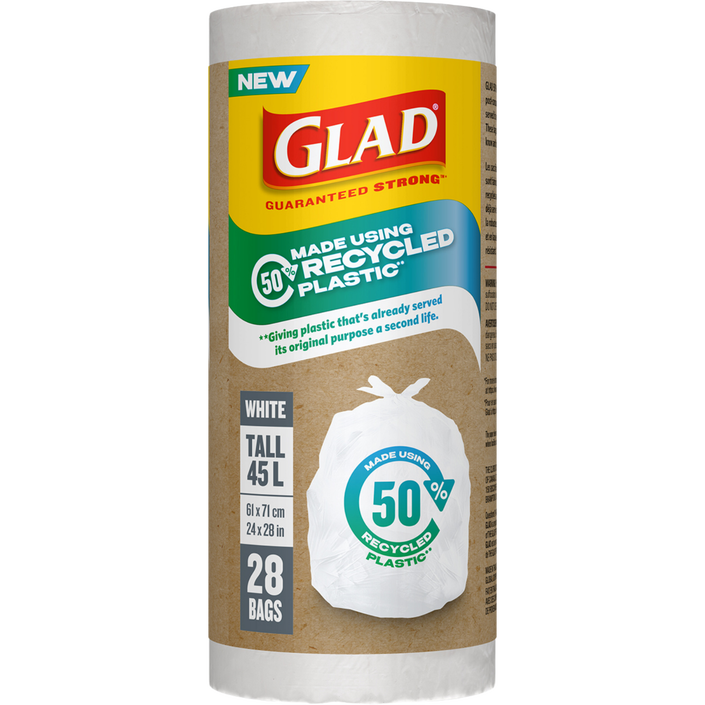 Glad® White Garbage Bags, made using 50% Recycled Plastic, Tall 45 Litres, 28 Trash Bags