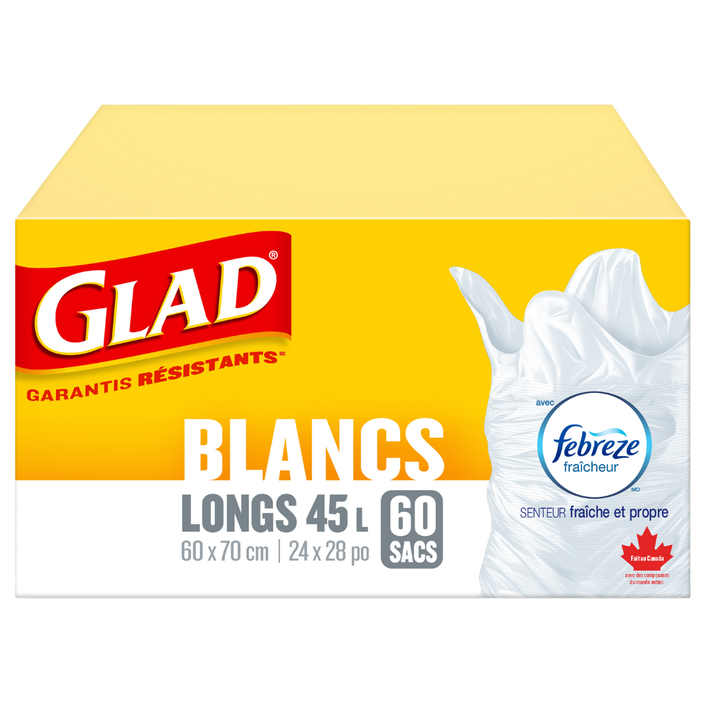 Sacs à ordures blancs de Glad®, boîte de 60 sacs à ordures longs de 45 L avec senteur fraîche et propre de Febreze fraîcheur